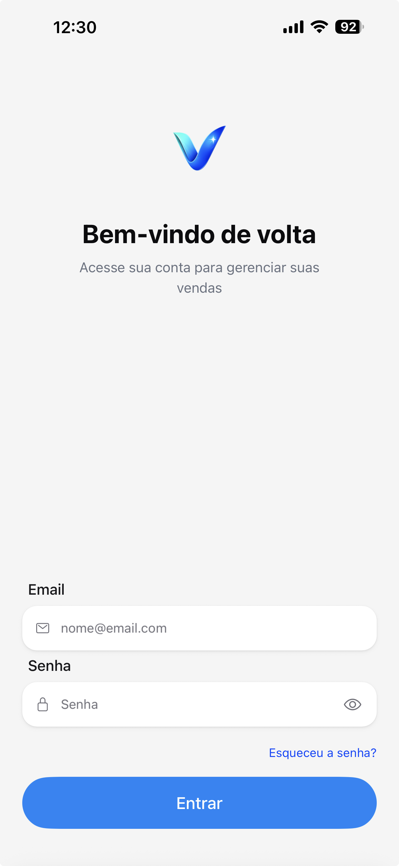 Tela de login do app Velan